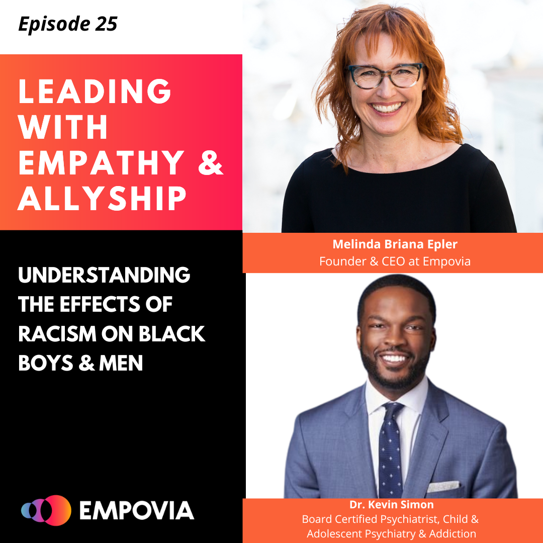 Leading With Empathy & Allyship promo with the Empovia logo and photos of host Melinda Briana Epler, a White woman with red hair and glasses, and Kevin M. Simon, a Black man with short hair, black beard, and moustache.