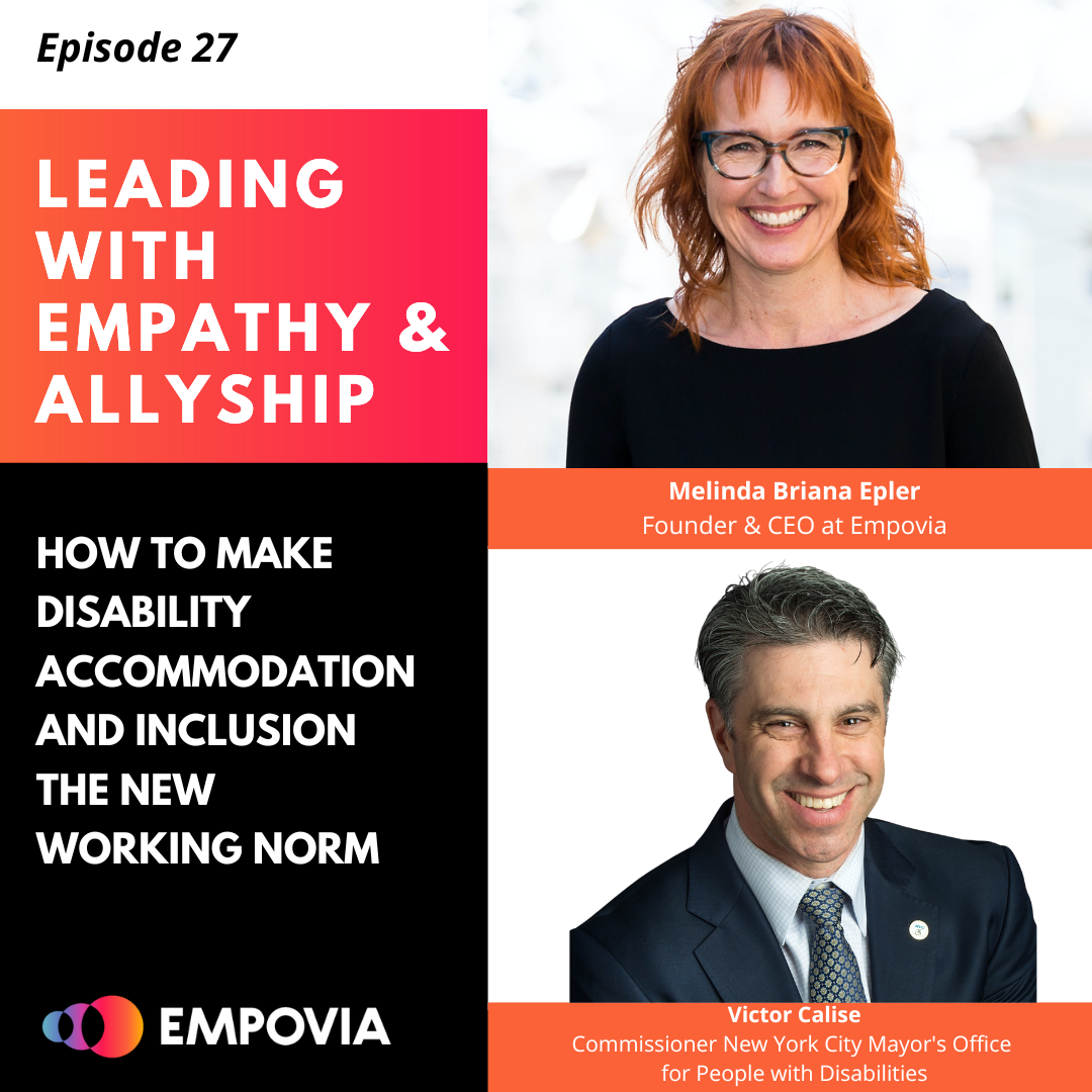 Leading With Empathy & Allyship promo with the Empovia logo and photos of host Melinda Briana Epler, a White woman with red hair and glasses, and Victor Calise, a White man with short hair, tie, and suit.