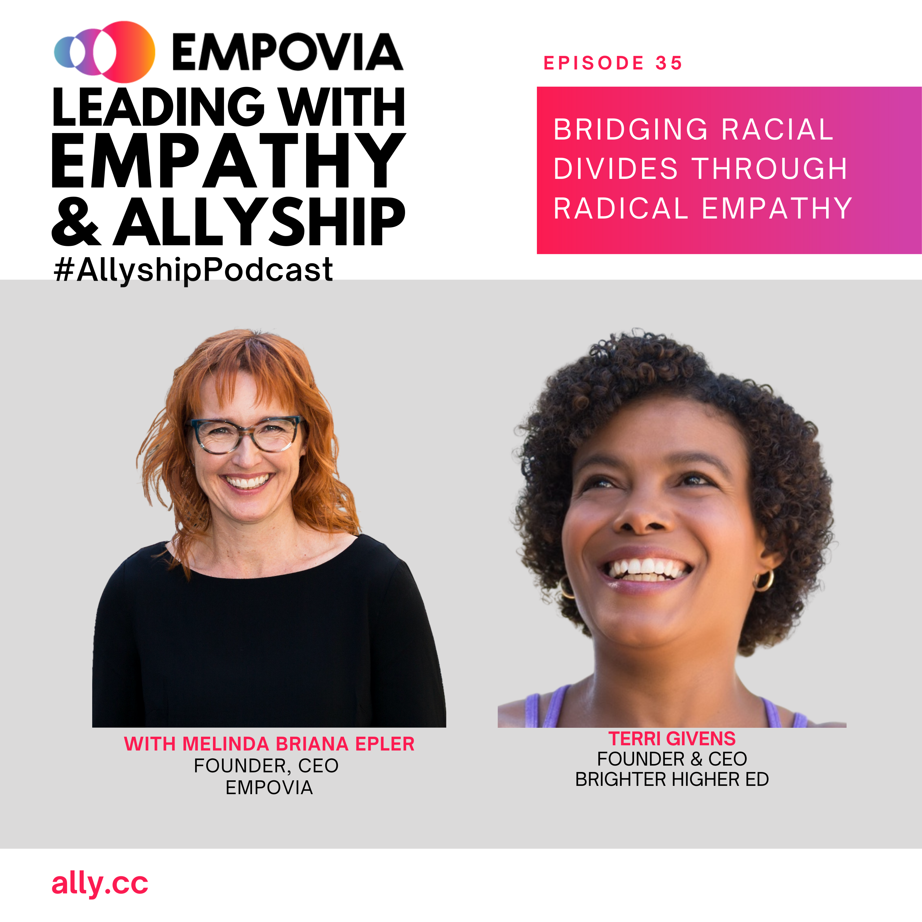Leading With Empathy & Allyship promo with the Empovia logo and photos of host Melinda Briana Epler, a White woman with red hair and glasses, and Terri Givens, a Black woman with short curly hair and purple top.