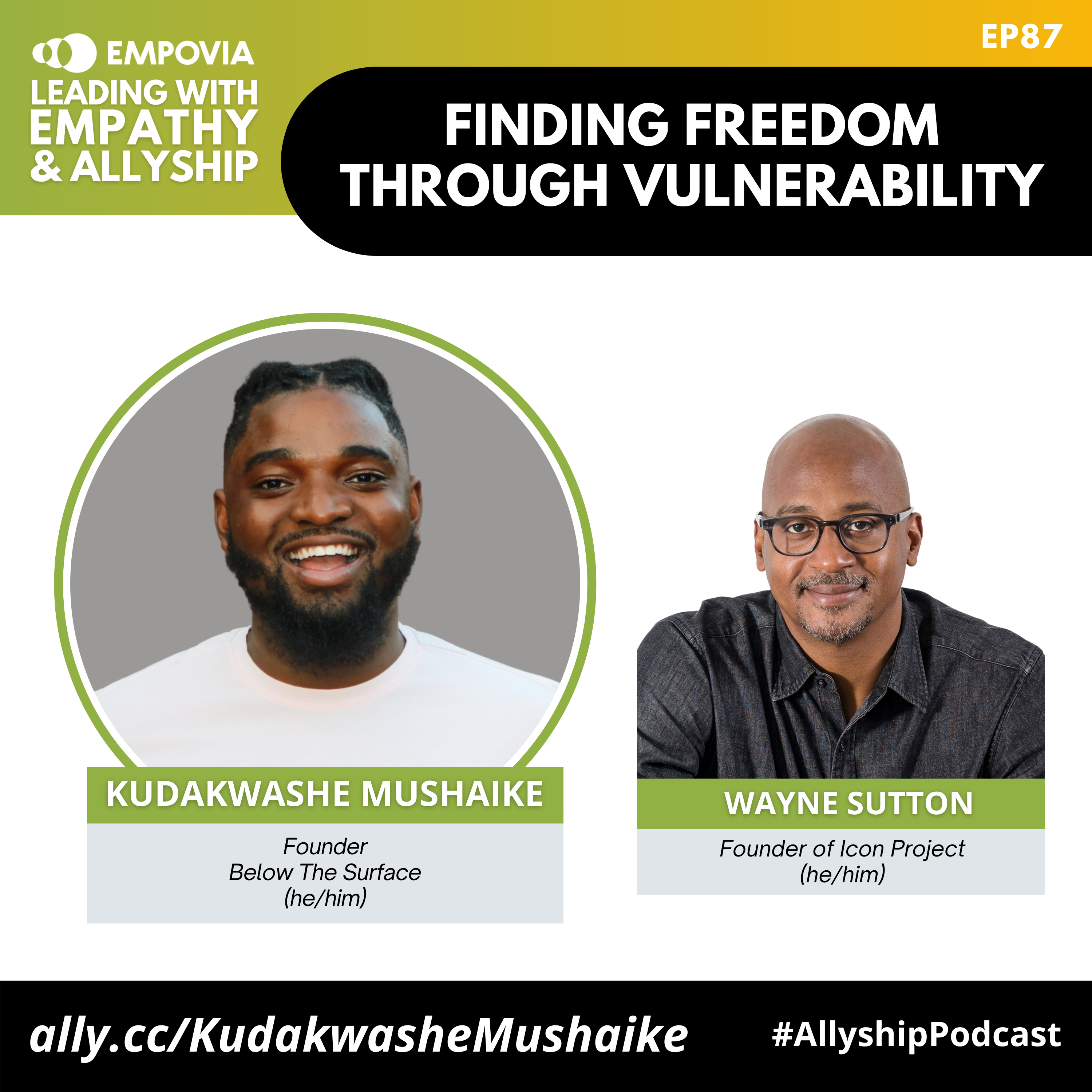 Leading With Empathy & Allyship promo and photos of Kudakwashe Mushaike, a Black man with black hair, black beard, and white t-shirt, and host Wayne Sutton, a bald Black man with salt and pepper beard, glasses, and a dark gray shirt.