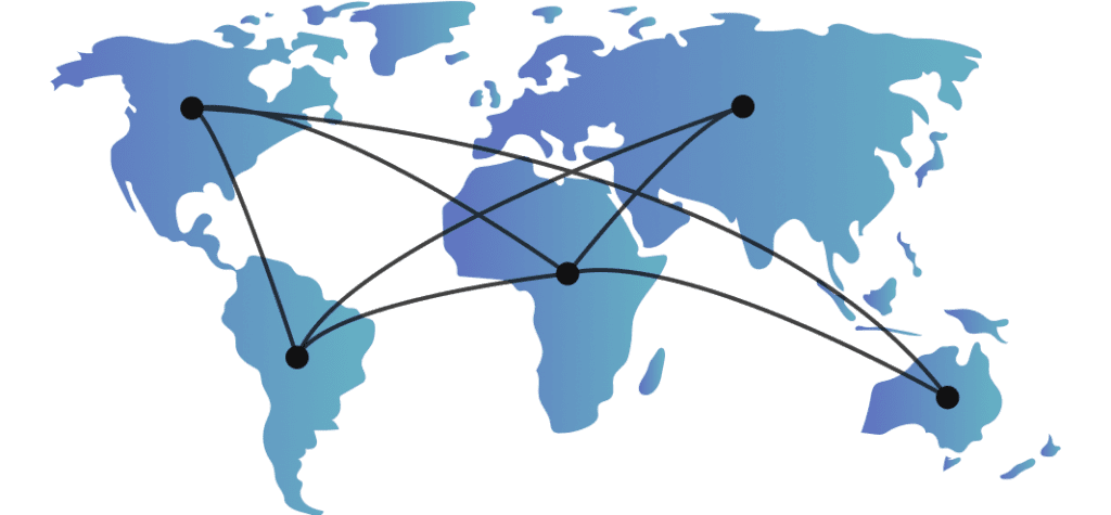 Blue world map with black lines connecting each continent