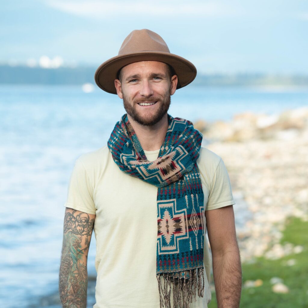Headshot of Matt Landsiedel, a Caucasian man with brown facial hair, a cream shirt, tan hat, and teal geometric-patterned scarf, with a blurry beach behind.