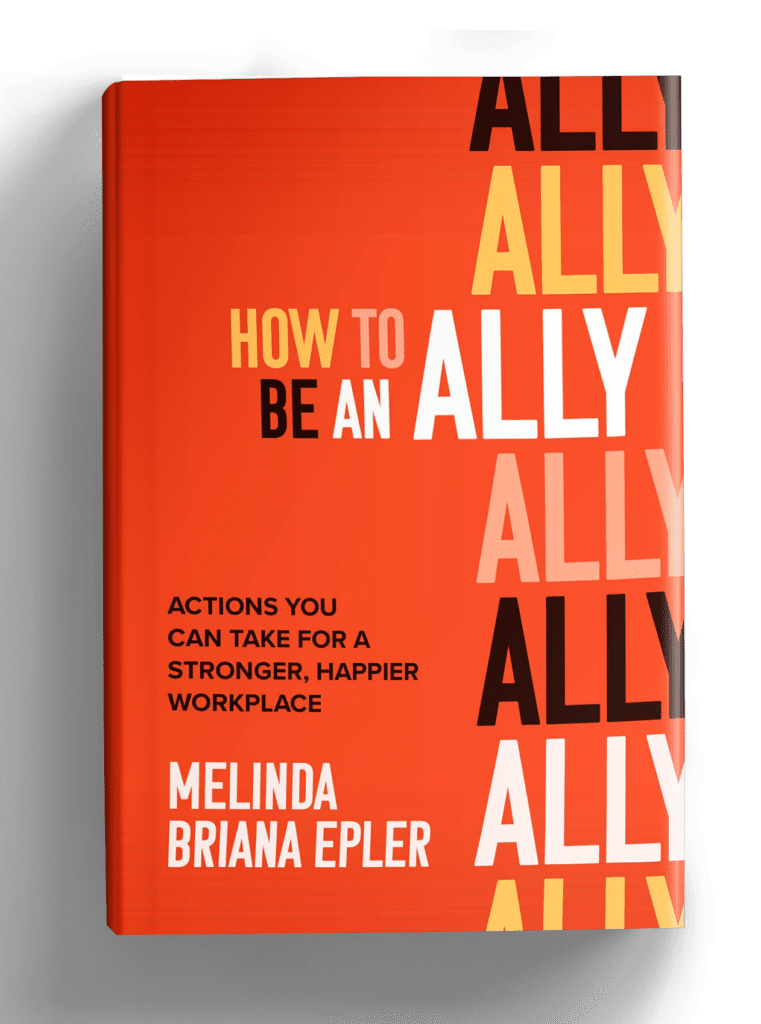 Orange book cover for How to Be an Ally with "Ally" repeated in yellow, peach, white, and black text.