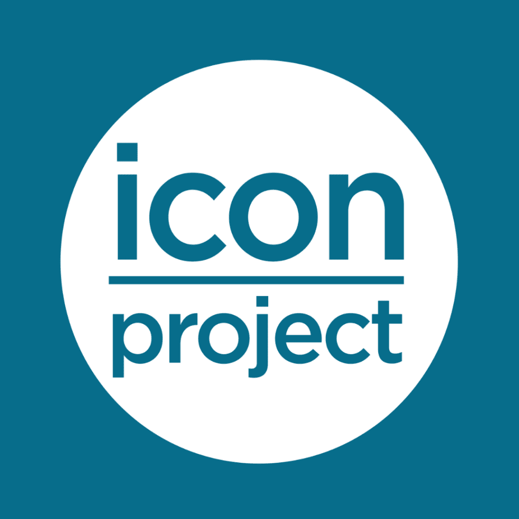 White circular Icon Project logo on a dark teal blue background