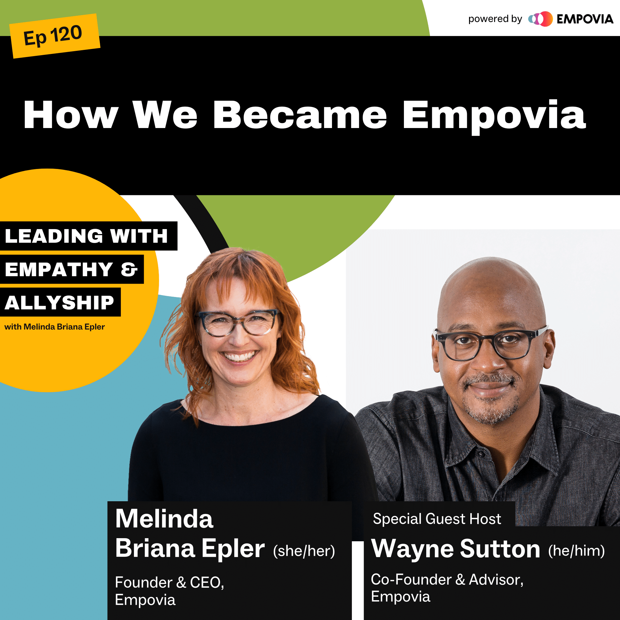 Leading With Empathy & Allyship promo and photos of Melinda Briana Epler, a White woman with blonde and red hair, glasses, and black shirt; and host Wayne Sutton, a bald Black man with salt and pepper beard, glasses, and a dark gray shirt.