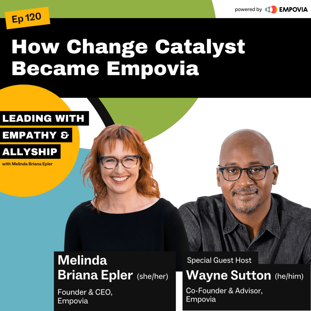 Leading With Empathy & Allyship promo and photos of Melinda Briana Epler, a White woman with blonde and red hair, glasses, and black shirt; and host Wayne Sutton, a bald Black man with salt and pepper beard, glasses, and a dark gray shirt.